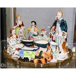 BRASS TRAY LOADED WITH OCCUPIED JAPAN ORNAMENTS