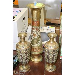 3 PIECE ORNATE BRASS VASES