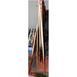 LOT OF POOL CUES WITH HOLDER AS IS