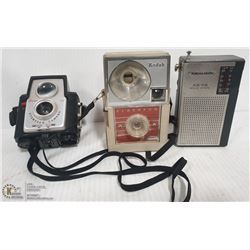 BOX W/ VINTAGE CAMERAS AND TRANSISTOR RADIO