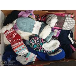 LARGE FLAT OF NEW SLIPPERS AND SLIPPER SOCKS