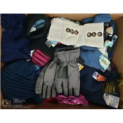 LARGE FLAT OF NEW WINTER WEAR,  HATS, MITS, GLOVES
