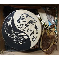BOX NATIVE ITEMS - DRUMS, MOCCASINS, NECKLACE