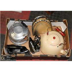 ESTATE BOX OF VINTAGE KETTLES AND IRONS