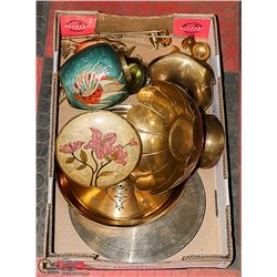 BOX OF ESTATE BRASS INCLUDING-GINGER JAR MADE IN