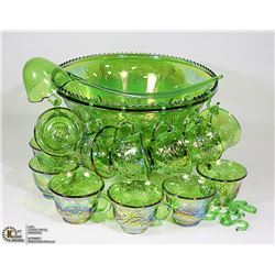 CARNIVAL GLASS PUNCH BOWL WITH 12 HANGING HOOKS