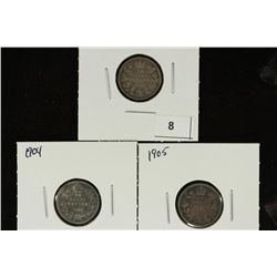 1902, 1904 & 1905 CANADA SILVER 10 CENTS