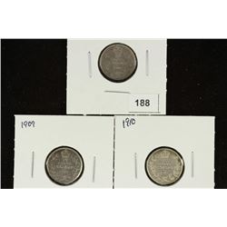 1907, 1909 & 1910 CANADA SILVER 10 CENTS