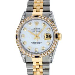 Rolex Mens 2 Tone Lugs MOP Diamond & Sapphire 36MM Oyster Perpetual Datejust