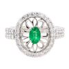 Image 2 : 1.16 ctw Oval Mixed Emerald And Round Brilliant Cut Diamond Ring - 14KT White Go