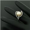 Image 8 : Vintage 14K White Gold 8.5mm Pearl Bezel Diamond 2 Wave Bypass Cocktail Ring
