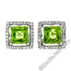 New 18kt White Gold 2.20 ctw Checkerboard Cut Peridot & Diamond Halo Stud Earrin