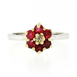 14kt Two Tone Gold 1.05 ctw Round Brilliant Ruby & Diamond Flower Cluster Ring