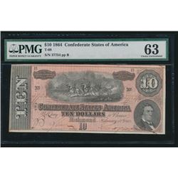 1864 $10 Confederate States of America T-68 PMG 63