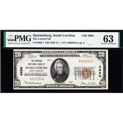 1929 $20 Spartanburg SC National Bank Note PMG 63