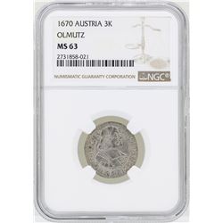 1670 Austria 3 Kreuzer Olmutz Coin NGC MS63