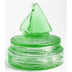 Green Depression Glass Sail Boat Powder Jar #1368123