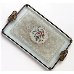 Petit Point, Brass, Lace and Glass Vanity Tray #1368476