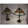 Image 1 : PAIR OF STAINED GLASS LAMPS-GREEN LEAVES-ORANGE#1388987