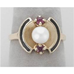 Cultured Pearl, Enamel and Ruby Ring #1420785