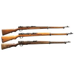 3 JAPANESE TYPE 38 BOLT ACTION MILITARY RIFLES.