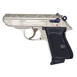 WALTHER / INTERARMS ENGRAVED PPK SEMI AUTO PISTOL.