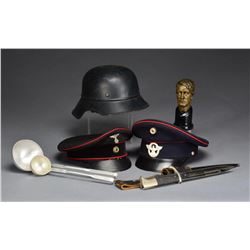 WWII GERMAN HATS, HELMET, LADLES, BAYONET & BUST.