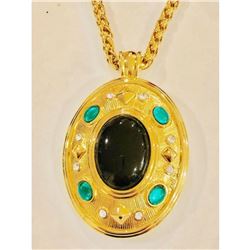 Fabulous Designer Sandi Miller Burrows Goldtone Greenstone Locket Pendant Necklace