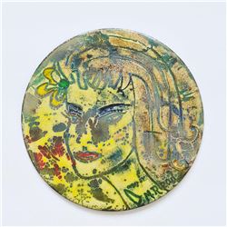 Mid-Century Modern Signed Enamel Tile Plate, Bust of a Woman