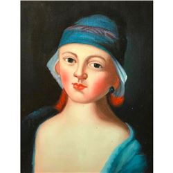 20thc Oil Painting, Woman in Blue Hat