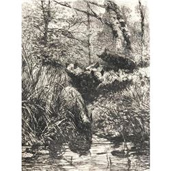 19thc Original Etching, Christian Johann Kroener, Wild Boar At The Stream