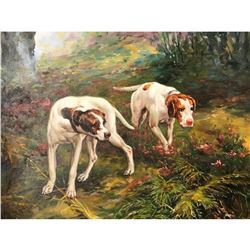 20thc Pair of Hunting Dogs Oil Painting