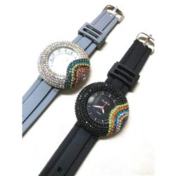 Pair of Unisex Collectible Rainbow Rhinestone Quartz Wristwatches