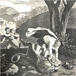 18th Century Engraving, Sampson Slaying The Lion