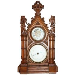 Early 20thc Gothic Oak Wall Clock & Barometer