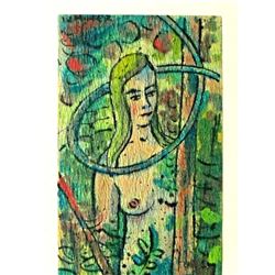 Mid Century Modern Mixed Media Painting, Nude, Garden of Eden