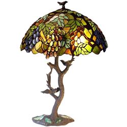 Leaves, Grapes & Birds Stained Art Glass Lamp