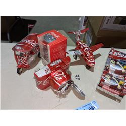 Coca-Cola tin car, plane, camera, golf cart, rickshaw, puzzle