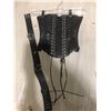 Image 1 : Leather corset with Bejeweled silver bra, bag feather boas and Garters
