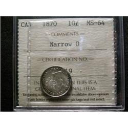 1870 Narrow O 10¢  ICCS MS64.  Light to