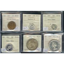 Lot of 6 ICCS graded coins.  1 Cent; 19