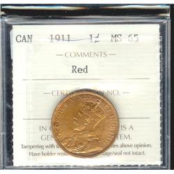 1911 1¢ ICCS MS65 Red.  Exceptionally c