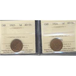 1924 AU50 & 1925 AU55 1¢.  Lot of two c