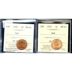 1937, 1950 1¢  ICCS MS65 Red.  Both coi