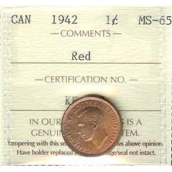 1942 1¢  ICCS MS65 Red, 80% wine red lu