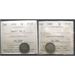 1858 Sml Date 5¢ ICCS F12 & 1889 5¢ ICC