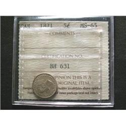 1871 5¢ ICCS MS65.  Absolute sublime ex