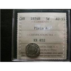1874H 5¢ ICCS AU55.  Plain 4 variety. W