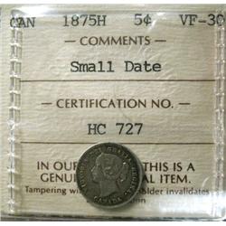 1875H Small Date 5¢  ICCS VF30  Origina