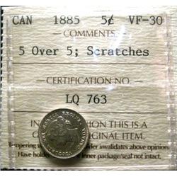1885 5¢ ICCS VF30 5 over 5,.  Nice exam